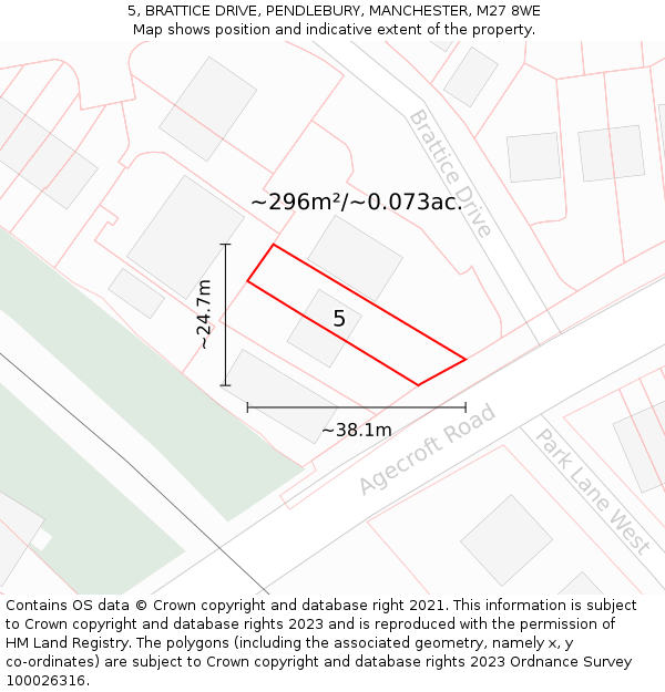 5, BRATTICE DRIVE, PENDLEBURY, MANCHESTER, M27 8WE: Plot and title map