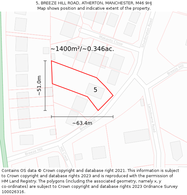 5, BREEZE HILL ROAD, ATHERTON, MANCHESTER, M46 9HJ: Plot and title map