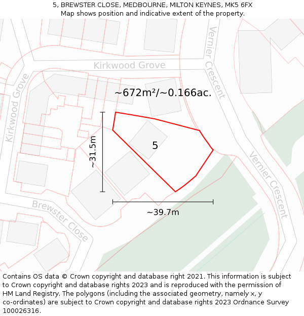 5, BREWSTER CLOSE, MEDBOURNE, MILTON KEYNES, MK5 6FX: Plot and title map