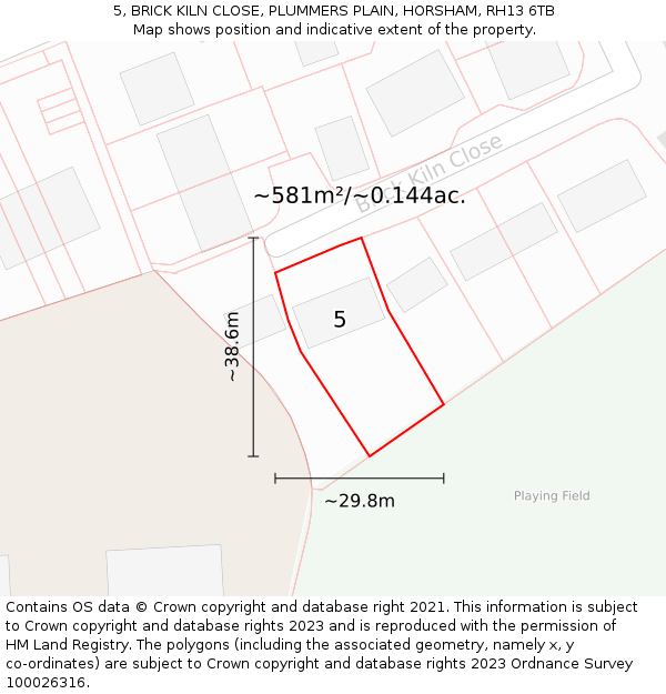 5, BRICK KILN CLOSE, PLUMMERS PLAIN, HORSHAM, RH13 6TB: Plot and title map