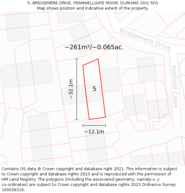 5, BRIDGEMERE DRIVE, FRAMWELLGATE MOOR, DURHAM, DH1 5FG: Plot and title map