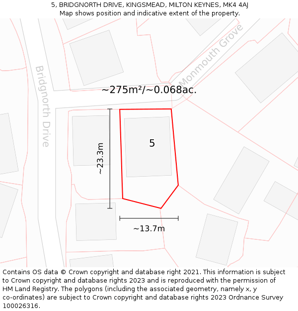 5, BRIDGNORTH DRIVE, KINGSMEAD, MILTON KEYNES, MK4 4AJ: Plot and title map