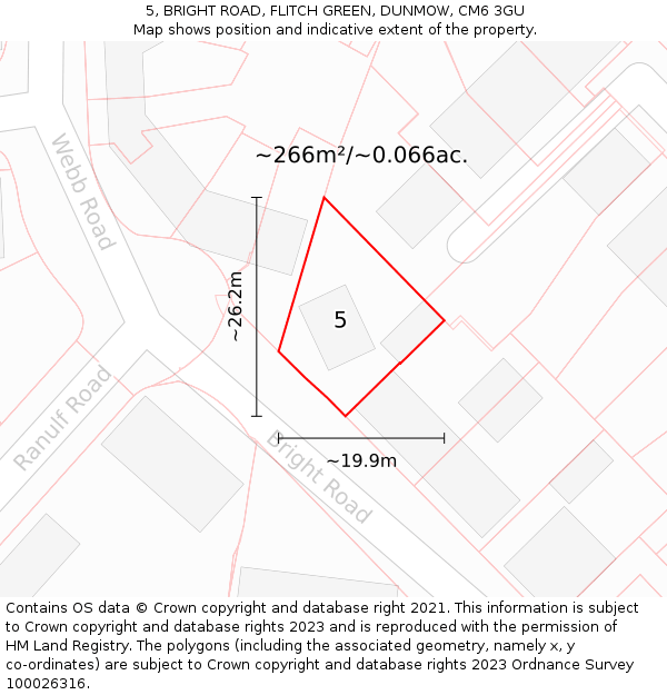 5, BRIGHT ROAD, FLITCH GREEN, DUNMOW, CM6 3GU: Plot and title map