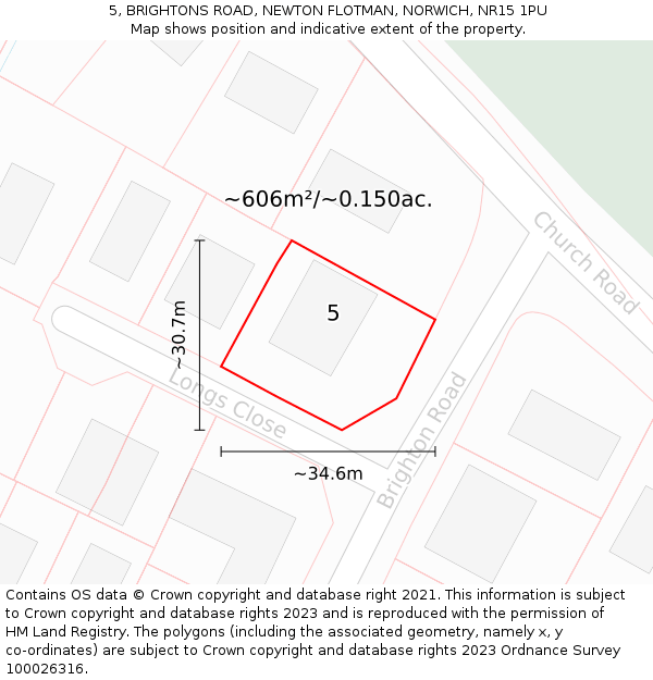 5, BRIGHTONS ROAD, NEWTON FLOTMAN, NORWICH, NR15 1PU: Plot and title map