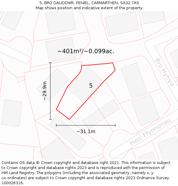 5, BRO DAUDDWR, PENIEL, CARMARTHEN, SA32 7AS: Plot and title map