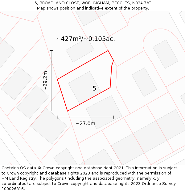 5, BROADLAND CLOSE, WORLINGHAM, BECCLES, NR34 7AT: Plot and title map