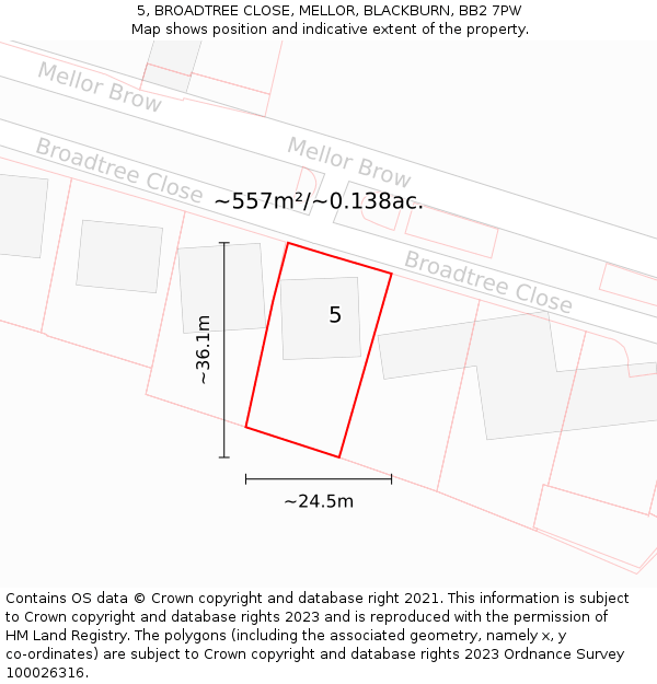 5, BROADTREE CLOSE, MELLOR, BLACKBURN, BB2 7PW: Plot and title map