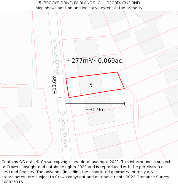 5, BROCKS DRIVE, FAIRLANDS, GUILDFORD, GU3 3ND: Plot and title map