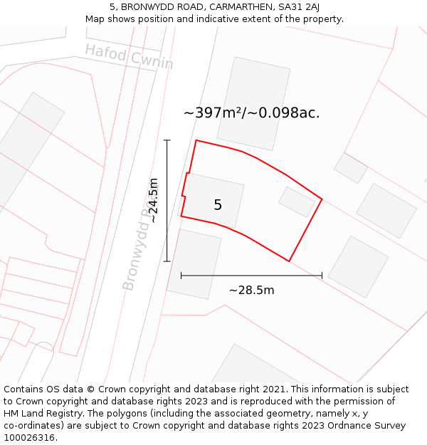 5, BRONWYDD ROAD, CARMARTHEN, SA31 2AJ: Plot and title map