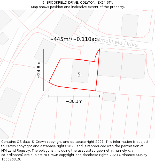 5, BROOKFIELD DRIVE, COLYTON, EX24 6TN: Plot and title map