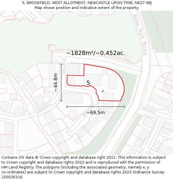 5, BROOKFIELD, WEST ALLOTMENT, NEWCASTLE UPON TYNE, NE27 0BJ: Plot and title map