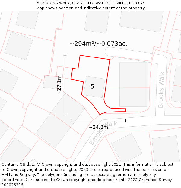 5, BROOKS WALK, CLANFIELD, WATERLOOVILLE, PO8 0YY: Plot and title map