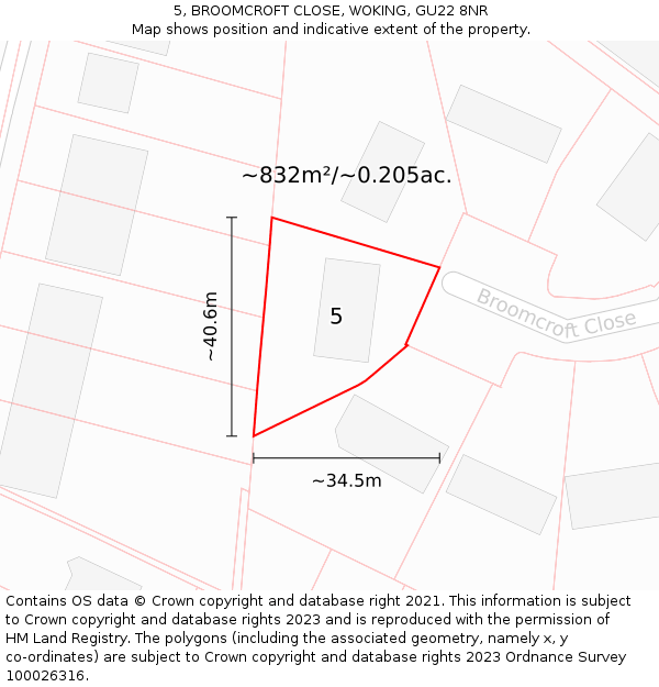 5, BROOMCROFT CLOSE, WOKING, GU22 8NR: Plot and title map