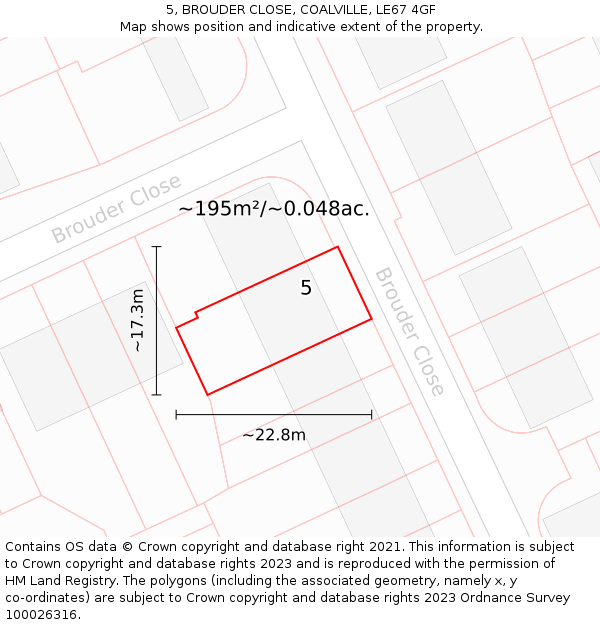 5, BROUDER CLOSE, COALVILLE, LE67 4GF: Plot and title map
