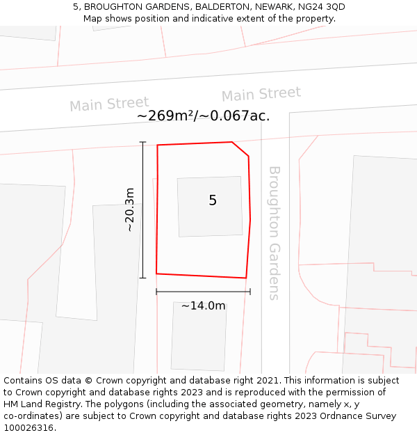 5, BROUGHTON GARDENS, BALDERTON, NEWARK, NG24 3QD: Plot and title map