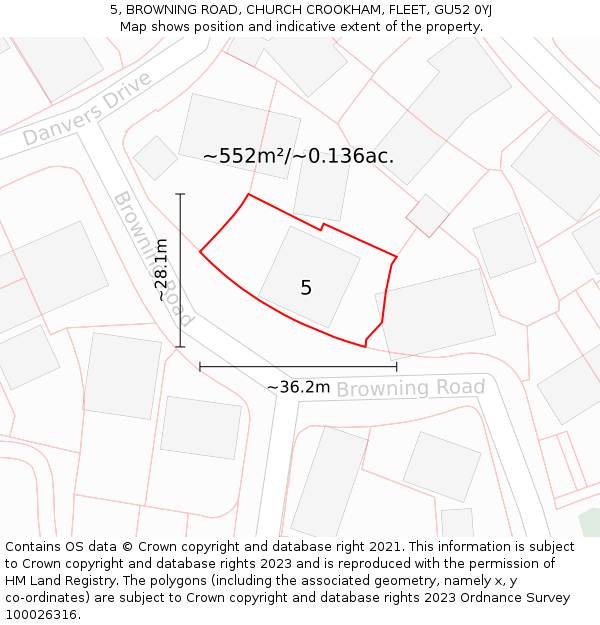 5, BROWNING ROAD, CHURCH CROOKHAM, FLEET, GU52 0YJ: Plot and title map