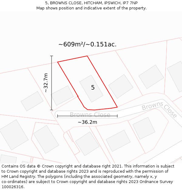 5, BROWNS CLOSE, HITCHAM, IPSWICH, IP7 7NP: Plot and title map