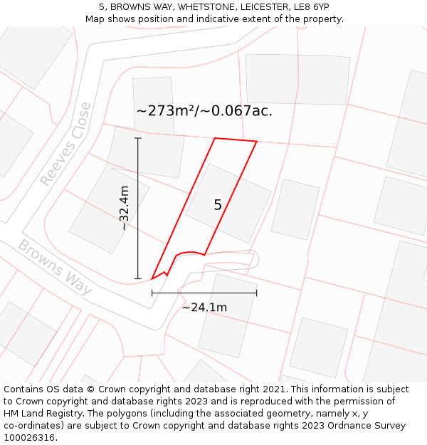 5, BROWNS WAY, WHETSTONE, LEICESTER, LE8 6YP: Plot and title map