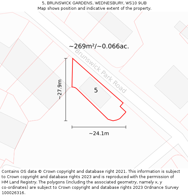 5, BRUNSWICK GARDENS, WEDNESBURY, WS10 9UB: Plot and title map