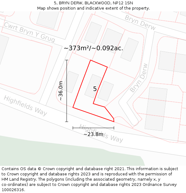 5, BRYN DERW, BLACKWOOD, NP12 1SN: Plot and title map