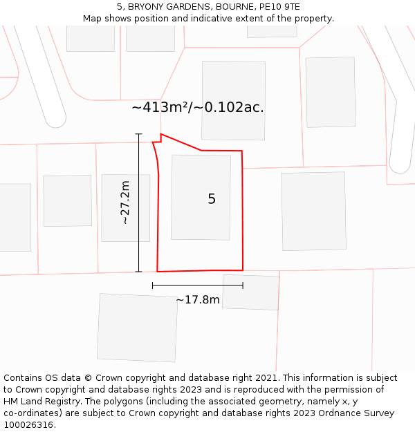 5, BRYONY GARDENS, BOURNE, PE10 9TE: Plot and title map