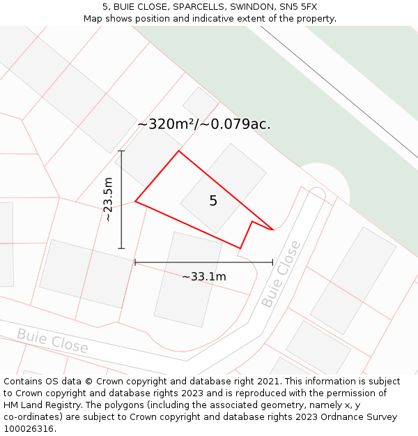 5, BUIE CLOSE, SPARCELLS, SWINDON, SN5 5FX: Plot and title map