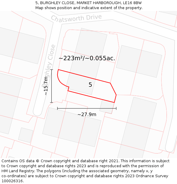 5, BURGHLEY CLOSE, MARKET HARBOROUGH, LE16 8BW: Plot and title map