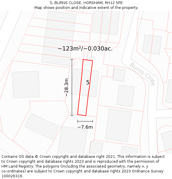 5, BURNS CLOSE, HORSHAM, RH12 5PE: Plot and title map