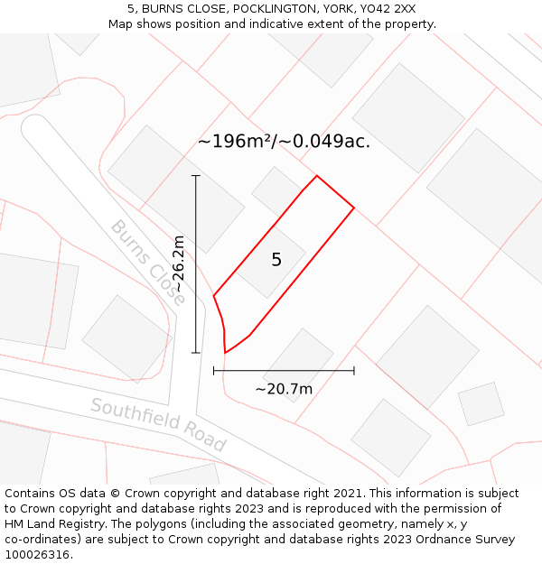 5, BURNS CLOSE, POCKLINGTON, YORK, YO42 2XX: Plot and title map