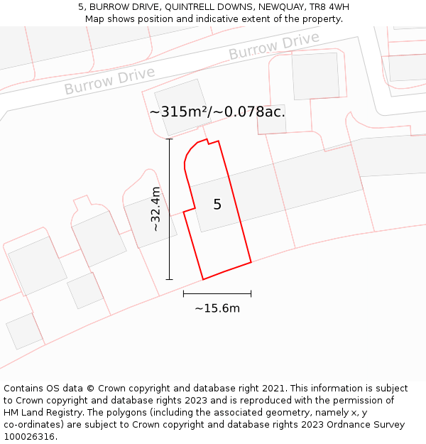 5, BURROW DRIVE, QUINTRELL DOWNS, NEWQUAY, TR8 4WH: Plot and title map