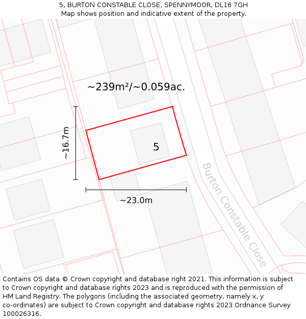 5, BURTON CONSTABLE CLOSE, SPENNYMOOR, DL16 7GH: Plot and title map