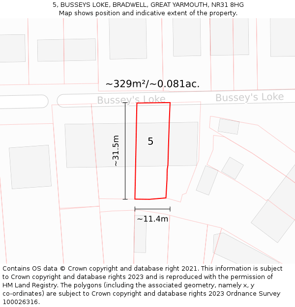 5, BUSSEYS LOKE, BRADWELL, GREAT YARMOUTH, NR31 8HG: Plot and title map