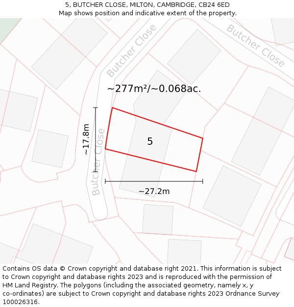 5, BUTCHER CLOSE, MILTON, CAMBRIDGE, CB24 6ED: Plot and title map
