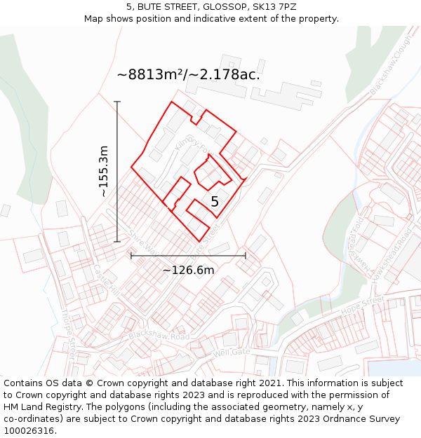 5, BUTE STREET, GLOSSOP, SK13 7PZ: Plot and title map