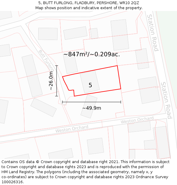 5, BUTT FURLONG, FLADBURY, PERSHORE, WR10 2QZ: Plot and title map