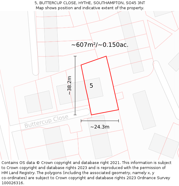 5, BUTTERCUP CLOSE, HYTHE, SOUTHAMPTON, SO45 3NT: Plot and title map