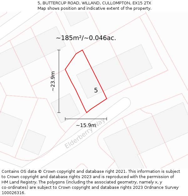 5, BUTTERCUP ROAD, WILLAND, CULLOMPTON, EX15 2TX: Plot and title map