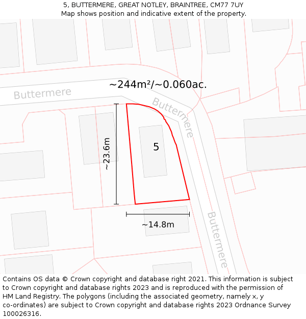 5, BUTTERMERE, GREAT NOTLEY, BRAINTREE, CM77 7UY: Plot and title map