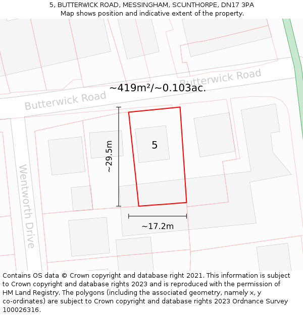 5, BUTTERWICK ROAD, MESSINGHAM, SCUNTHORPE, DN17 3PA: Plot and title map