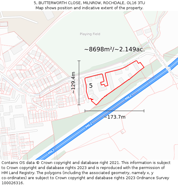 5, BUTTERWORTH CLOSE, MILNROW, ROCHDALE, OL16 3TU: Plot and title map