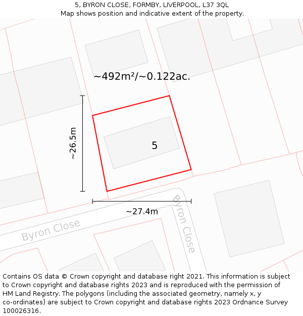 5, BYRON CLOSE, FORMBY, LIVERPOOL, L37 3QL: Plot and title map