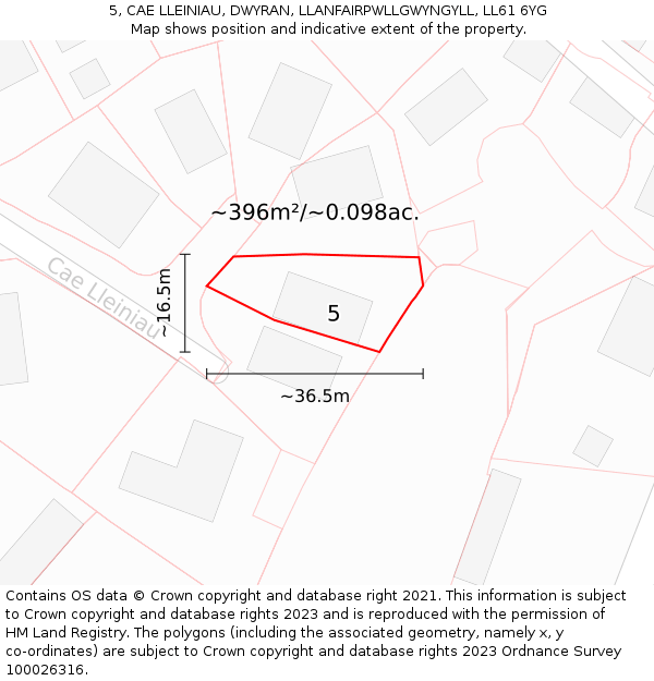 5, CAE LLEINIAU, DWYRAN, LLANFAIRPWLLGWYNGYLL, LL61 6YG: Plot and title map