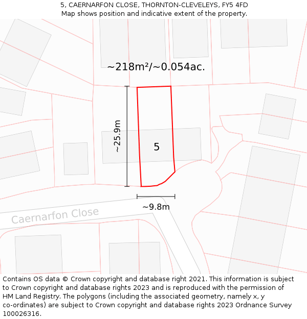5, CAERNARFON CLOSE, THORNTON-CLEVELEYS, FY5 4FD: Plot and title map
