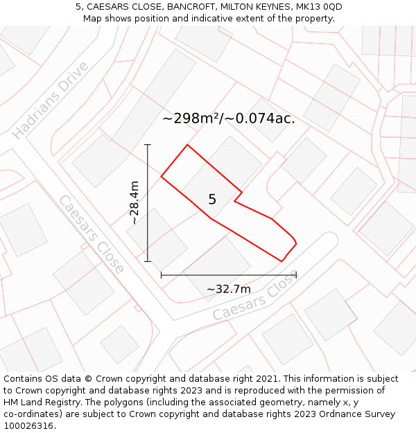 5, CAESARS CLOSE, BANCROFT, MILTON KEYNES, MK13 0QD: Plot and title map