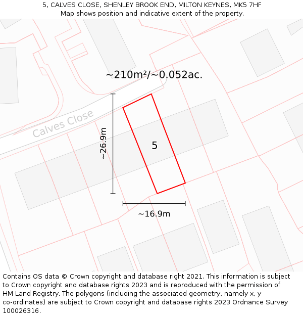 5, CALVES CLOSE, SHENLEY BROOK END, MILTON KEYNES, MK5 7HF: Plot and title map