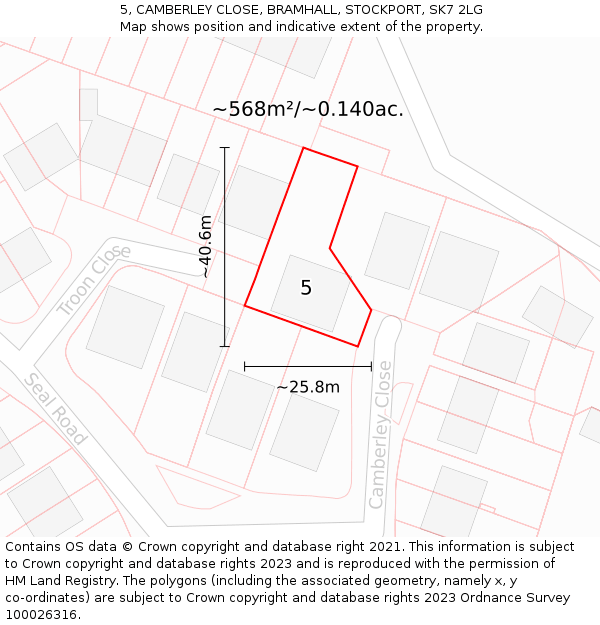 5, CAMBERLEY CLOSE, BRAMHALL, STOCKPORT, SK7 2LG: Plot and title map