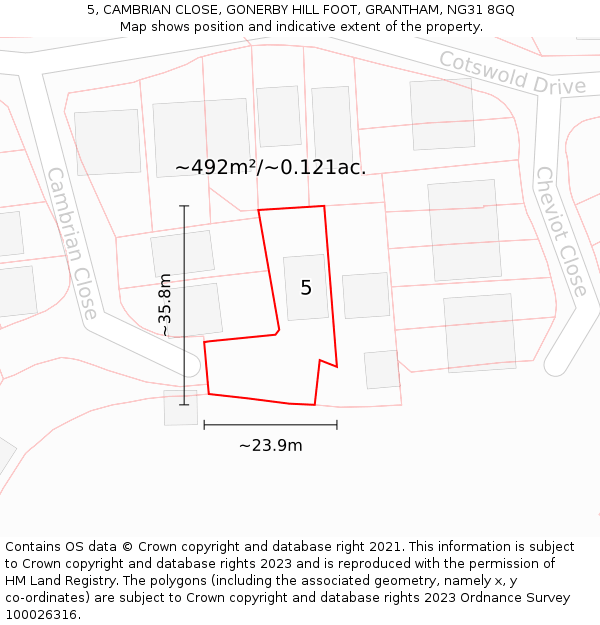 5, CAMBRIAN CLOSE, GONERBY HILL FOOT, GRANTHAM, NG31 8GQ: Plot and title map