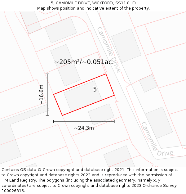 5, CAMOMILE DRIVE, WICKFORD, SS11 8HD: Plot and title map
