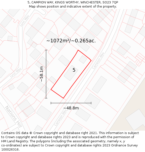 5, CAMPION WAY, KINGS WORTHY, WINCHESTER, SO23 7QP: Plot and title map