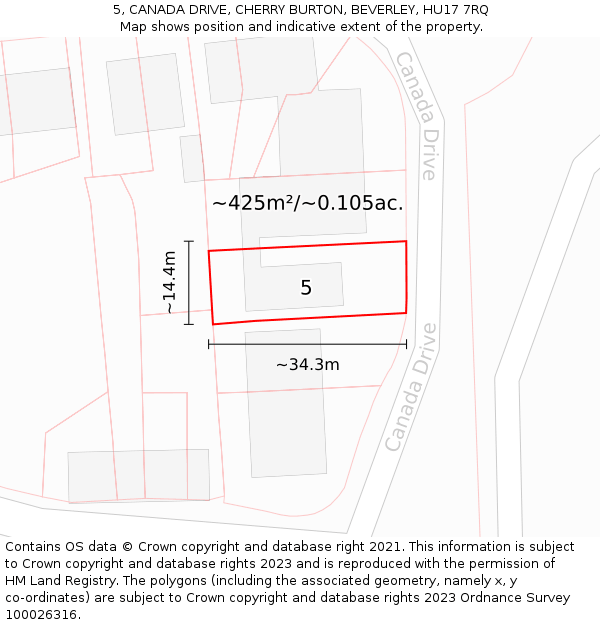 5, CANADA DRIVE, CHERRY BURTON, BEVERLEY, HU17 7RQ: Plot and title map